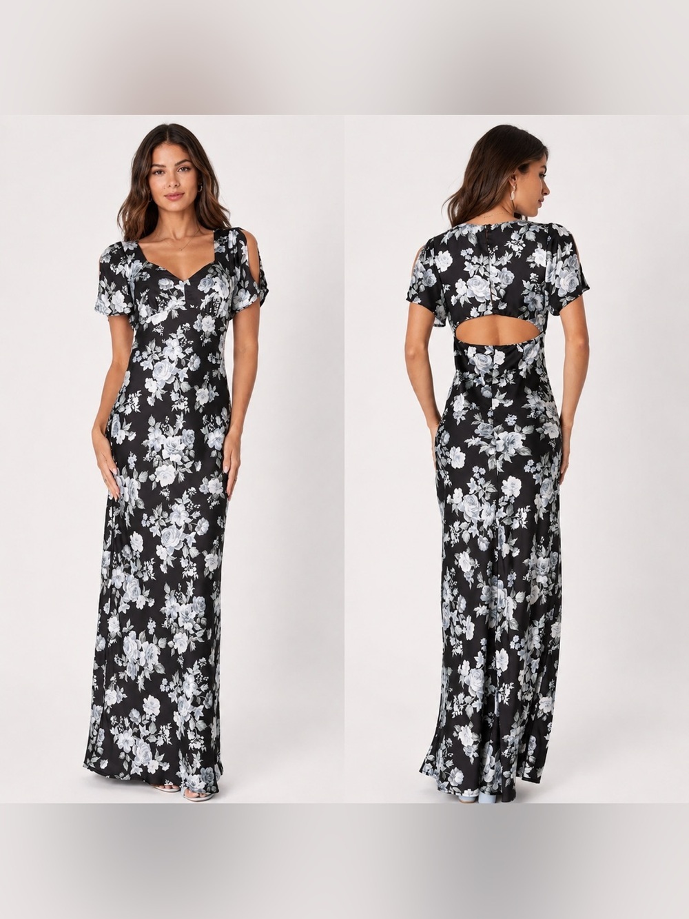 If By Sea Anthro Floral Satin Maxi Dress Gown Romantic Flutter Sleeve Open back